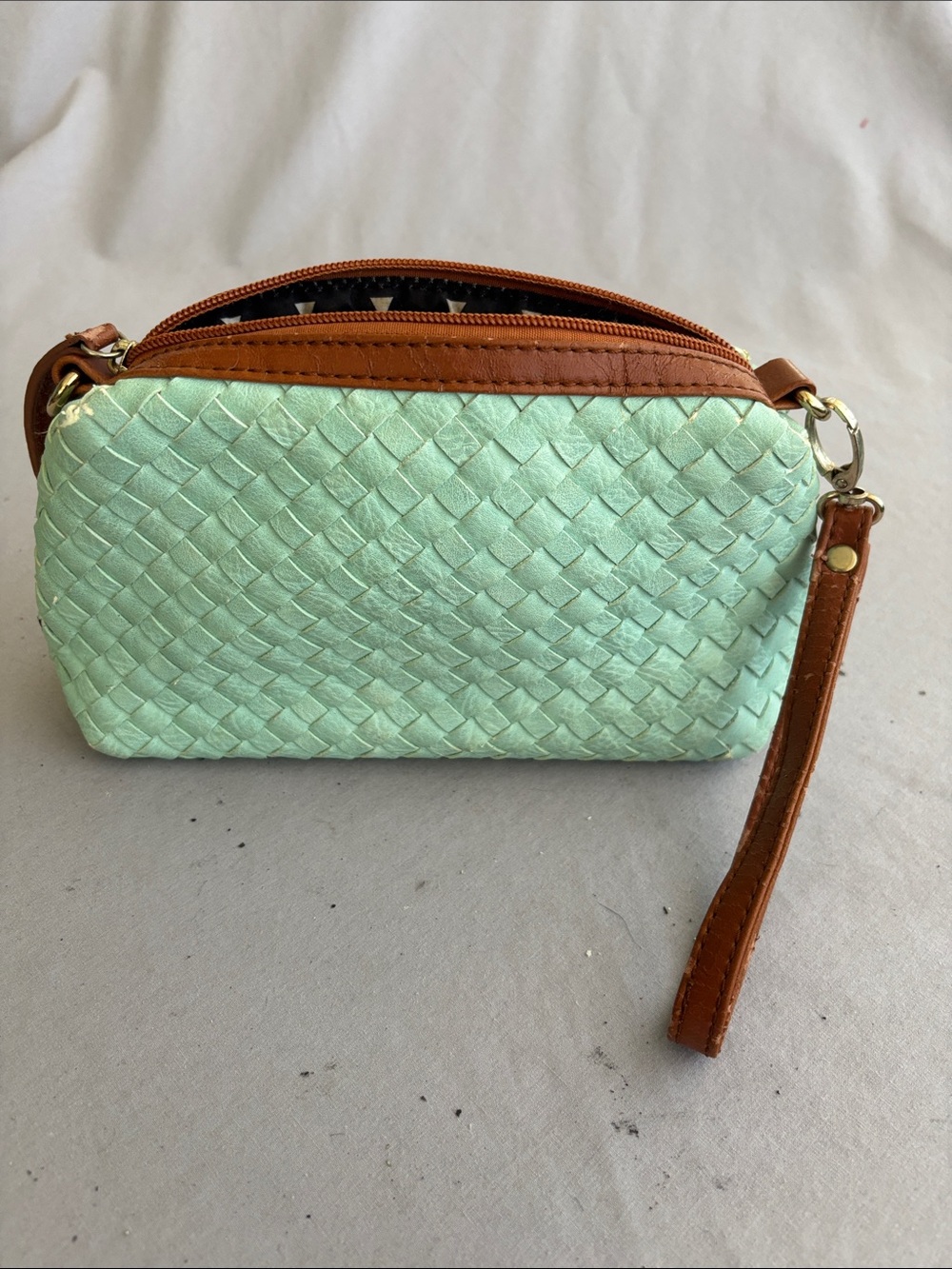 Street Level Mint Woven Clutch with Brown Trim